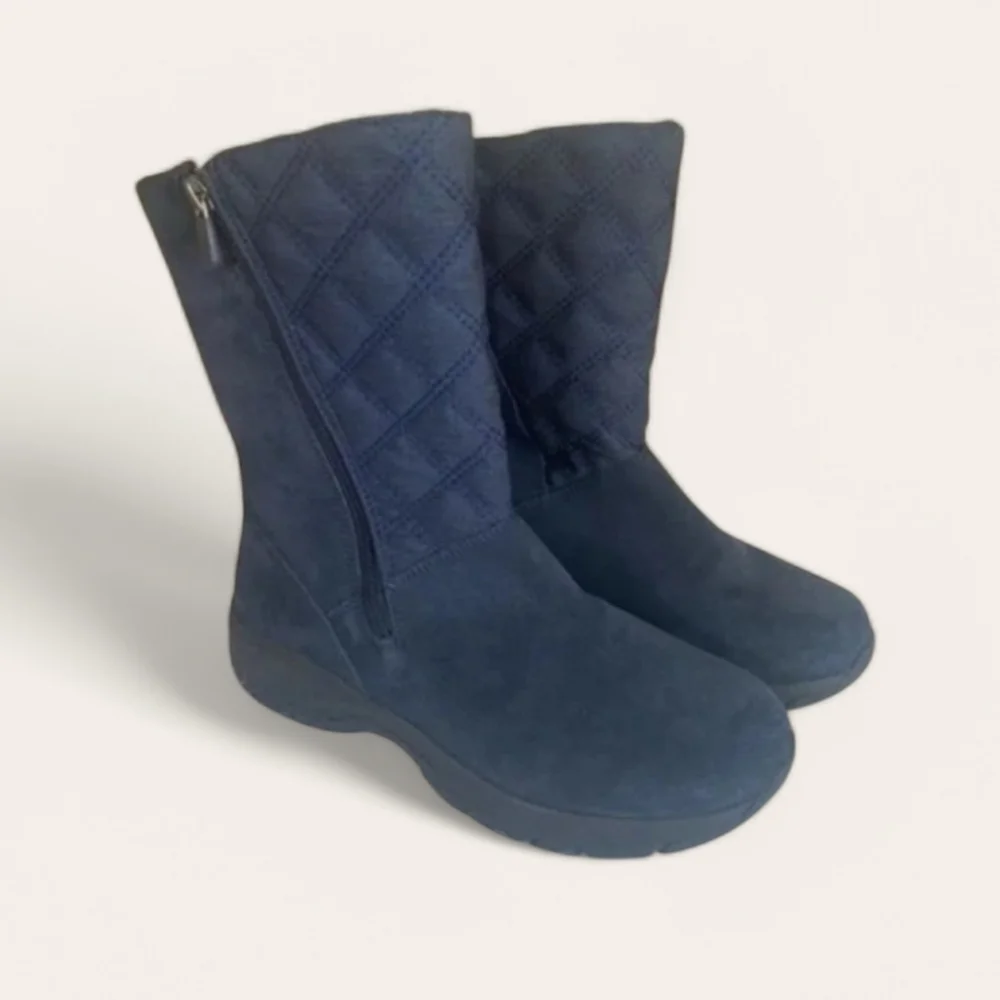 Lands' End Quilted Mid-Calf Suede Winter Rain Boots in Navy Blue Size 6